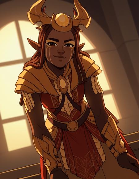 <lora:dragonprince-janai-ponyxl-lora-nochekaiser:1>, janai, long hair, brown hair, brown eyes, pointy ears, dark skin, dark-skinned female, facial mark, horns, dreadlocks, armor, golden armor, dress, red dress, belt, headgear,