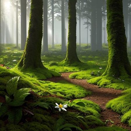 A hyper-realistic painting featuring a three-dimensional blue triangle with human eyes and a mouth, clearly expressing an emotion such as sadness or joy. The triangle should have realistic textures and lighting, making it appear as part of the physical world. It is set in a lush, vibrant forest at dawn, with sunlight filtering through dense foliage, illuminating the moss-covered ground and small wildflowers. Birds and woodland creatures add life to the serene setting. The triangle should blend seamlessly into the environment despite its surreal form, creating a striking contrast between the natural beauty of the forest and the lifelike, anthropomorphic triangle