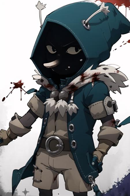 <lora:joris:0.8>, joris, 1boy, masteriece, best quality, solo, faceless, (long nose:1.2), colored sclera, black eyes, hood, jorisoutfit, fur trim, upper body, thin legs, facing viewer, blood, holding arm, blood splashes, squinting, injury