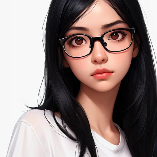 1girl, black hair, closed mouth, glasses, lips, looking at viewer, realistic, shirt, simple background, solo,