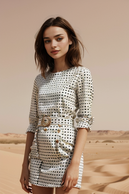 KarolinaGorzala, ((slim, fit, lanky, coltish:1.5)), closeup on face, beige polka dot dress, looking at viewer, facing viewer, taken with Leica M, 35mm f1.2, Kodachrome film, Sahara Desert background