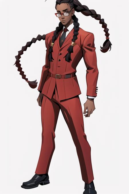 <lora:ConceptsFN:1> white background,  standing pose, solo, concept,  <lora:more_details:0.3> full body, 1boy, dark skin, red suit, glasses, braids hair, African braids