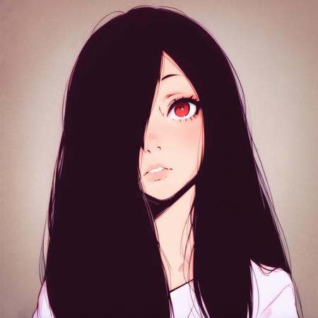 ((masterpiece)),(best quality), absurdres,sadako_yamamura,red eyes, white dress,<lora:Sadakobest:0.9>,   <lora:ilyaKuvshinovLora_v10:1>, kuvshinov,