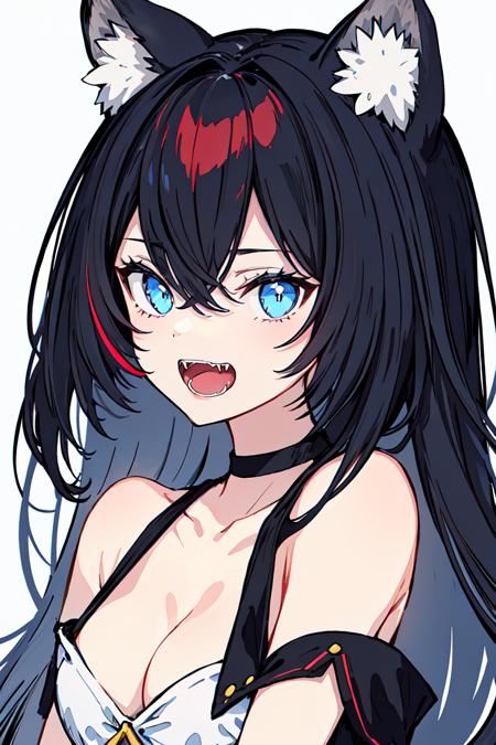 masterpiece, intricate detail,best quality, <lora:gigzagu123:0.8>1girl, solo, animal ears, breasts, open mouth, long hair, fangs, cleavage, upper body, looking at viewer, bangs, animal ear fluff, white background, multicolored hair, bare shoulders, tiger ears, black hair, blue eyes, medium breasts, dress, grey eyes, white dress, collarbone, simple background, grey hair, strap slip, teeth, ribbon, streaked hair