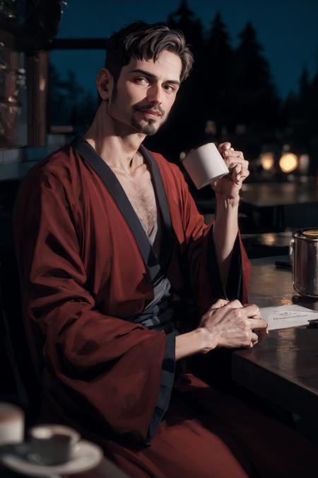 Deanmccoppin,  1guy,  red robe,  holding coffee mug,  facial  hair , (best quality:1.2),  smirk,  masterpiece,  highness,  perfect face,  perfect picture,  detailed eyes,  sharp focus,  sitting,  at home,  at night,  relaxing, <lora:EMS-50964-EMS:1.000000>, , <lora:EMS-13102-EMS:0.400000>