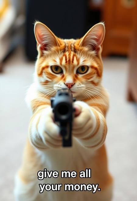 meme, amateur photo of a stupid looking cat with a gun pointed at the viewer. bottom text: "give me all your money"