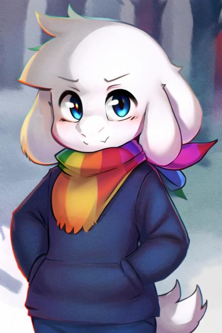 <lora:ssasriel:1>, scarf, anthro, white_hair