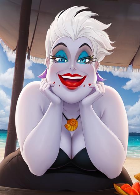 masterpiece, best quality, extremely delicate and beautiful, highres, original,  <lora:Ursula:0.8>, ursulalm, white hair, short hair, purple skin, red lips, fat, bbw, green eyelids, shell necklace, shell earrings, looking at viewer, blue eyes, beach, black dress, upper body,