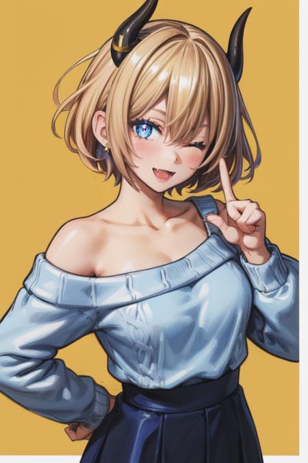 (mature female:1.4),(detailed background, masterpiece, best quality, pixiv:1.5),(1girl, solo:1.2),(traditional media, pencil sketch:1.2),tabi,((yellow theme)),(limited palette),1girl,horns,solo,one eye closed,sweater,blonde hair,blue sweater,blue eyes,off shoulder,smile,skirt,virtual youtuber,black skirt,animification,open mouth,fang,off-shoulder sweater,bangs,short hair,hair behind ear,yellow background,wattson (apex legends),breasts,medium breasts,looking at viewer,blush,collarbone,pointing up,index finger raised,shirt,bare shoulders,pointing,