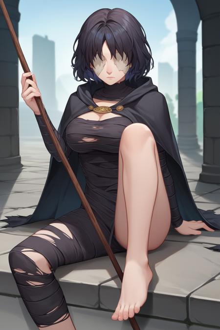 maideninblack, black hair, covered eyes black cape, torn cape, black dress, black bandages, bare feet