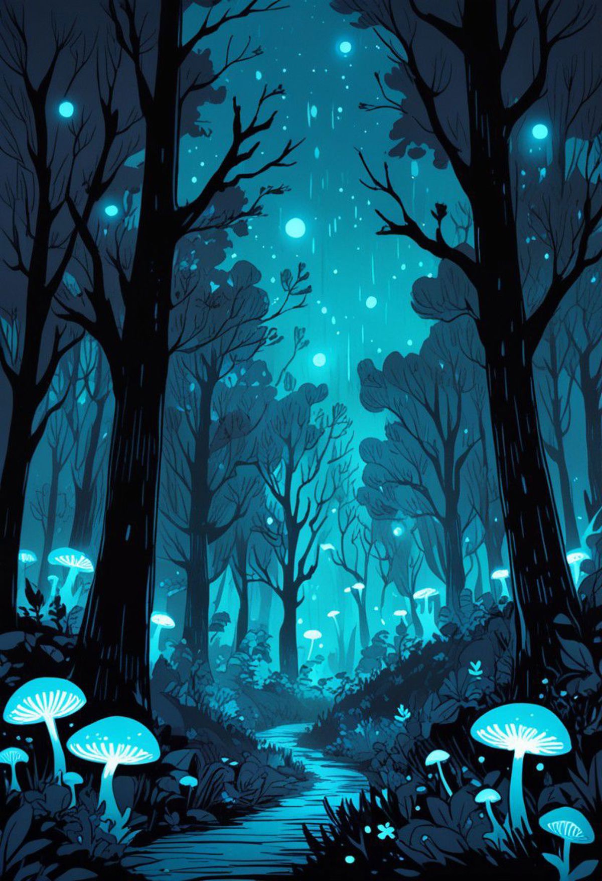 A Dark Forest at Night with Illuminated Mushrooms and Trees