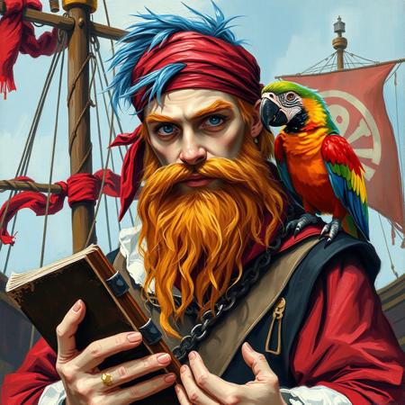Oil painting rendered in a loose, impressionistic style with thick, expressive brush strokes. Full body portrait of a young handsome pirate wizard. His outfit is a mish mash of wizard-like and pirate clothes. He wears a red bandana and has a long ginger beard. He has big white eyebrows. His hair is a mixture of colors: blue, red, yellow, green. He holds a book and a wizard's staff. The background shows a pirate ship with a pirate flag. On his shoulder sits a colorful parrot.