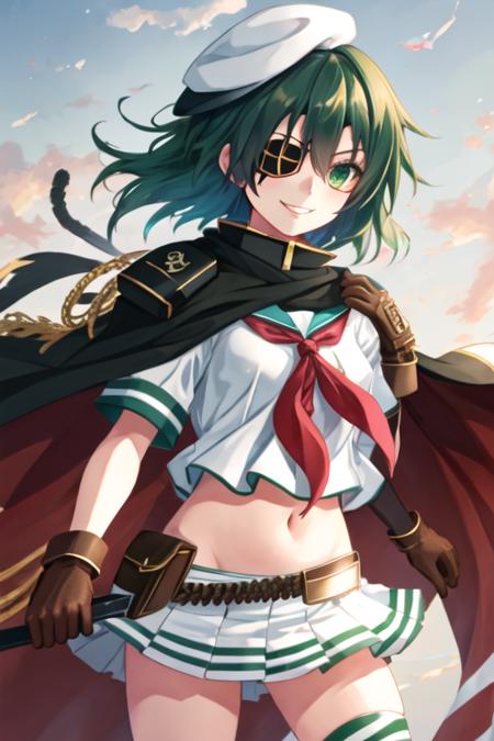 best quality, masterpiece, highres, solo, {kiso_kantaicollection:1.15}, green_hair, eyepatch, green_eyes, short_hair, serafuku, hat, cape, smile, 1girl, gloves, school_uniform