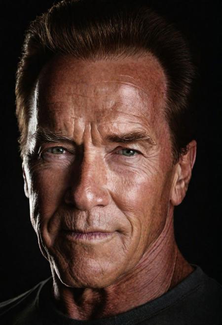 Close-up, (SCHWARZENEGGER), grim smile, relaxed pose, portrait movie shot, serious, menacing, chiaroscuro style photo, dark background, minimalism, dramatic lighting, professional quality, dull highlights and shadows, natural and   original, laser eyes