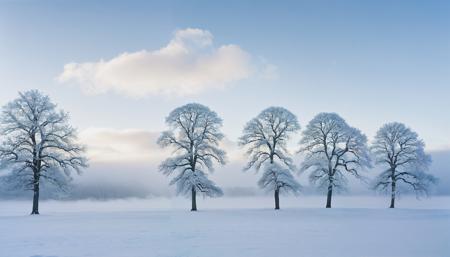 a group of trees in the snow under a cloud, in the style of isaac julien, low speed film, maya lin, uhd image, elfriede lohse-wchtler, aerial photography, calm and meditative