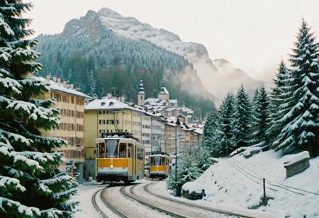(Bokeh:1.1), kodak photo 38 mm, breath-taking film photography, movie effects, film grain, epic, masterpiece, best of the best, 4k uhd, intricate details, muted colors, wide shot of the most aesthetic Swiss town in winter, snowy, pines, gigantic mountain surrounding the whole frame, tram, minimalistic, shallow depth of image, crisp, clear, haze lighting, muted colors