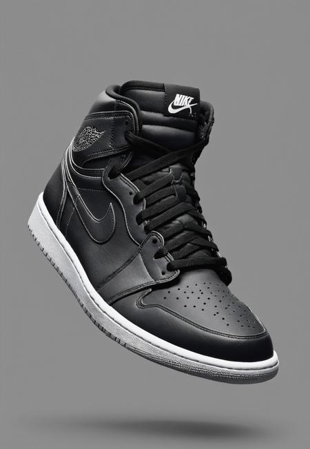 Nike advertising photo showing a solid Dark Gray background and Futuristic Looking Black and white Jordan 1 Shoe in the middle, the shoe overlaps The Nike logo