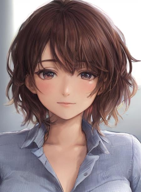 anime, (closeup portrait) woman wearing blue button up shirt, facing viewer, beautiful woman medium hair, <lora:milanavayntrubV2:0.75>, perfect face, in kitchen, mlnvyntrb