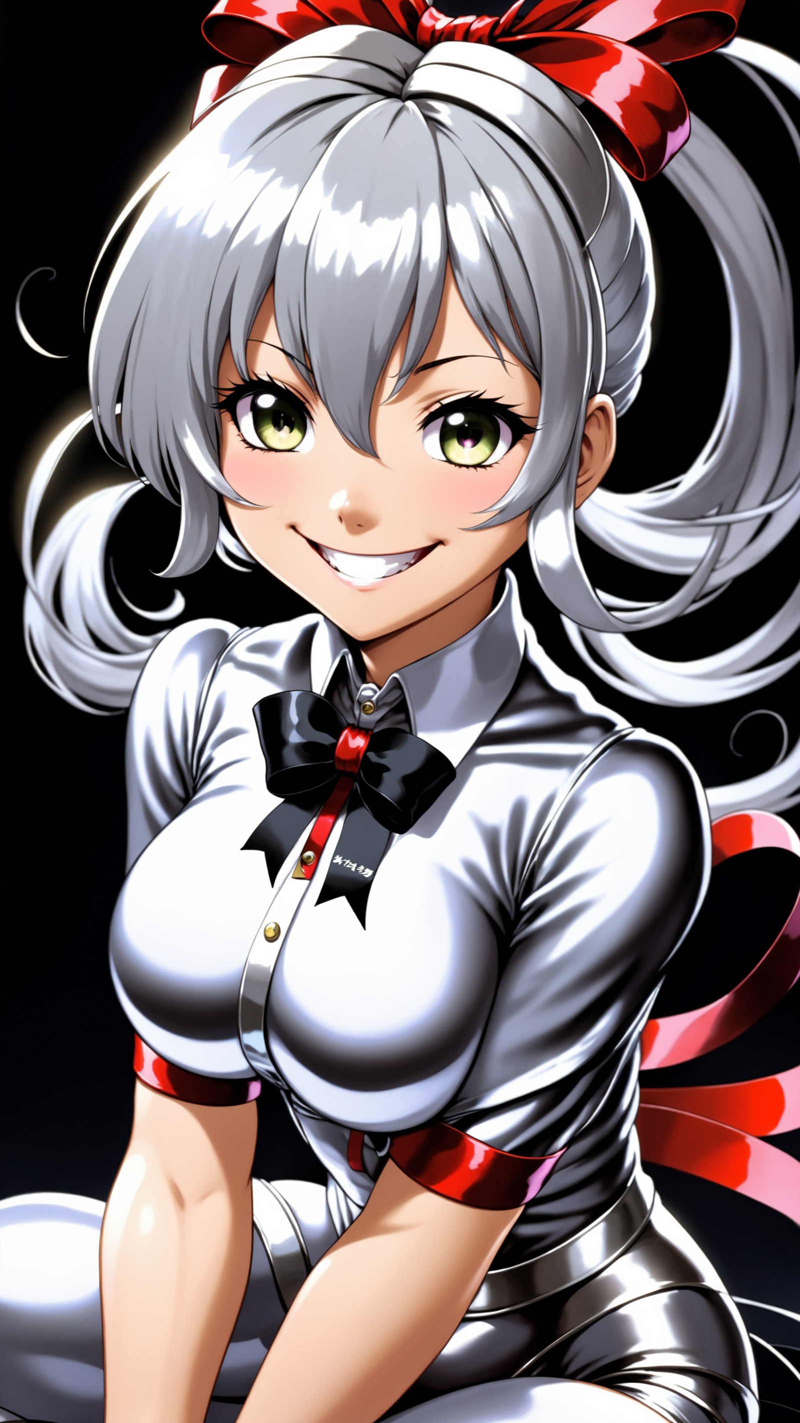 masterpiece, best quality, 1girl, silver hair, from below, sitting, hair ribbon, evil smile, half-opened eyes, hentai, car...