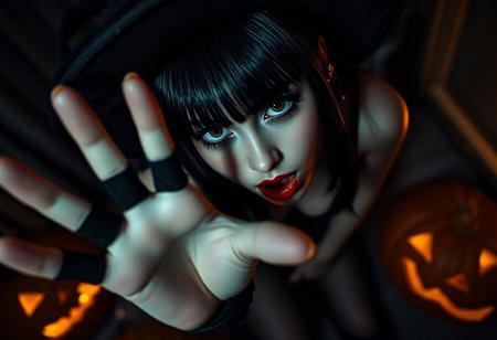 “Close-up of a glamorous woman with crossed bangs, dressed in a gothic Halloween costume with a witch hat and sheer dark pantyhose, leaning forward in a playful paw-like pose that hints at heavy breathing. Set indoors at night with a large pumpkin nearby, the scene evokes a spooky yet seductive Halloween atmosphere in monochrome, horror-inspired lighting. Shot with Panavision anamorphic cine lenses for a cinematic, widescreen look, the perspective from above places the viewer close to the character, emphasizing her allure within a night vision-inspired horror aesthetic. Anime-styled details enhance the eerie yet intimate vibe.”