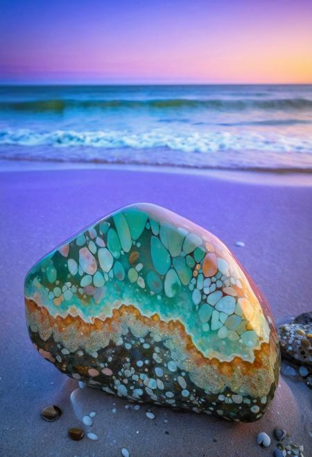 soaked_tea_brand, macro photo of an ocean jasper polished large stone, light pink, deep sea-green,  lilac, and light-blue heavenly pattern that resembles sunset clouds over ocean, surrounded by tidepools on a rocky tropical beach shoreline at sunset, perfect composition, backlighting, ethereal, golden hour, vibrant colors, sparkling stone, professional lighting, glowing from within <lora:MJ52:.6>