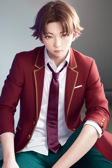 masterpiece, best quality, highres, 1boy kiyotaka ayanokoji, school uniform white shirt red jacket open jacket blue necktie green pants <lora:kiyotaka_ayanokoji:1> looking at viewer, sitting, (photorealistic:1.4)