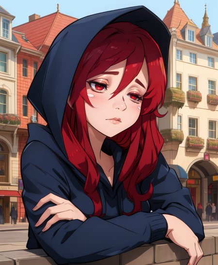 Nachiroux,red eyes,long red hair,bored,solo,bangs,
long sleeves,black hoodie,hood up,
sitting,upper body,
fantasy,in town square,morning,
(insanely detailed, beautiful detailed face, masterpiece, best quality),<lora:Nachiroux:0.8>,