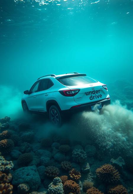 a sunken SUV car is driving on the ocean floor, small air bubbles are coming from the car, dust from the ocean floor is coming from the wheels, there are many corals under the water, beautiful lighting, big text on car body "under drive"