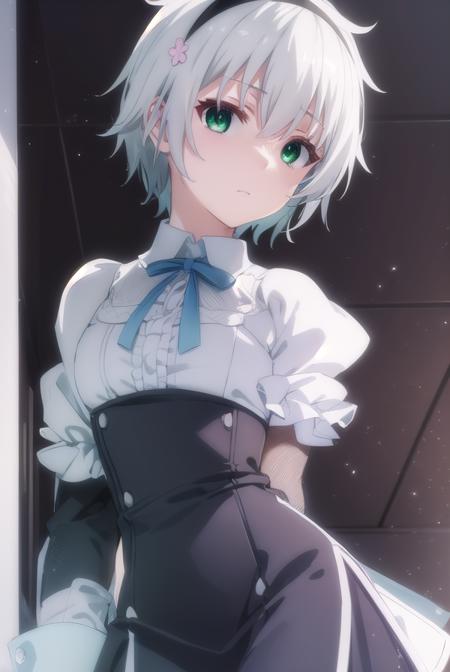 shizukukurogane, <lora:shizuku kurogane s1-lora-nochekaiser:1>,
shizuku kurogane, short hair, hair ornament, (green eyes:1.3), flower, white hair, hairband, hair flower,
BREAK skirt, long sleeves, school uniform, juliet sleeves,
BREAK indoors, classroom,
BREAK looking at viewer, (cowboy shot:1.5),
BREAK <lyco:GoodHands-beta2:1>, (masterpiece:1.2), best quality, high resolution, unity 8k wallpaper, (illustration:0.8), (beautiful detailed eyes:1.6), extremely detailed face, perfect lighting, extremely detailed CG, (perfect hands, perfect anatomy),