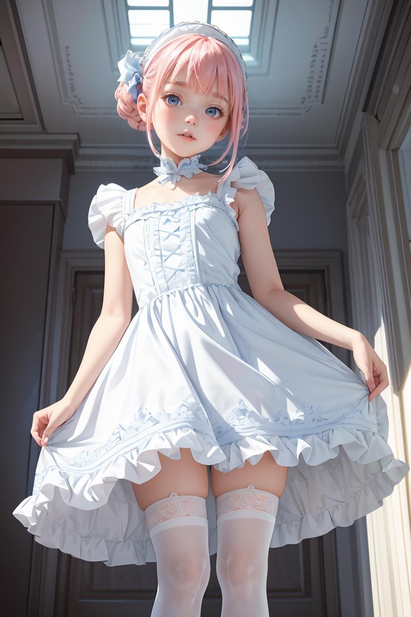 A computer-generated image of a young girl in a white dress, wearing white socks and panties.
