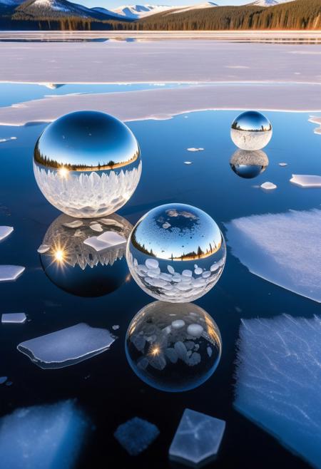 this is formed mercury mirrored spheres embedded in quartz formation in a frozen lake with crystal ice, magnificent abstract modern polarity