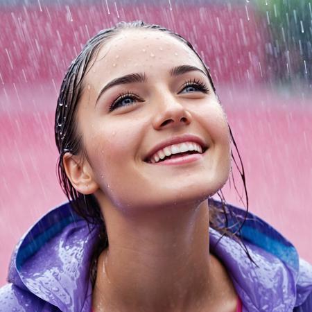 <lora:add-detail-xl:1> Full body wide portrait of a happy young woman in the pouring rain, looking up to the sky, rain drops falling on her face, wet hair, (mainly pink blue white purple color), photo-realistic, hyper-realistic, glowing, highly detailed, vibrant colors, dynamic light, 3d, magical