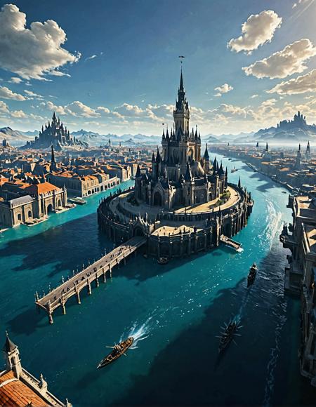 A breathtaking, panoramic view of the floating city of Altissia from Final Fantasy XV. Rendered in the style of a detailed Final Fantasy XV screenshot with vibrant colors, intricate architecture, and a bustling atmosphere. Include gondolas gliding along canals, airships soaring through the sky, and the iconic Citadel towering in the distance.