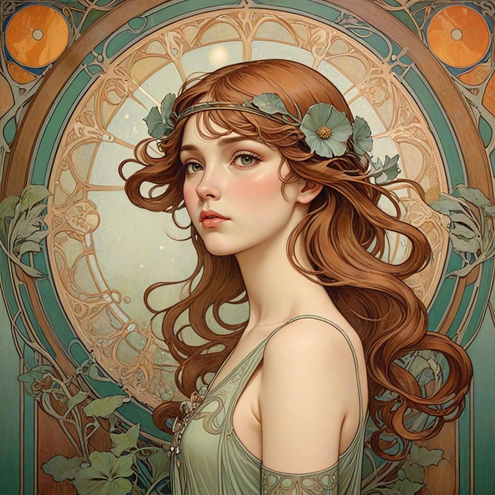 A beautifully illustrated portrait of a woman in a green dress with flowers in her hair.