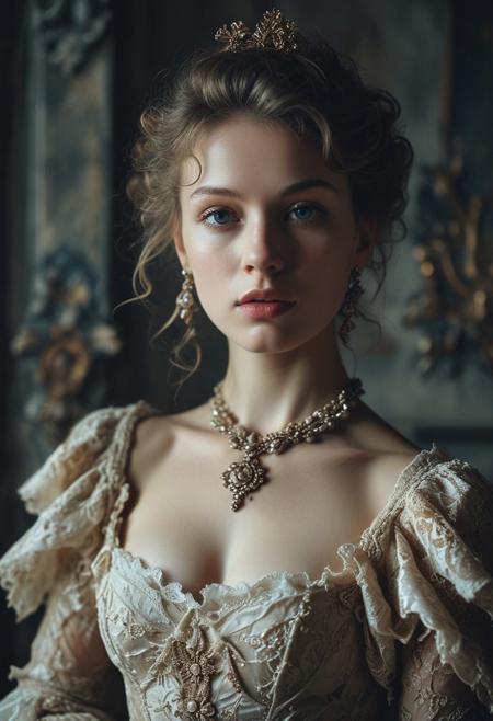(Soft Lighting Photography by Mimoza Veliu and Mario Giacomelli:1.2), NSFW, Ancient France royal costume, Rococo style, beautiful girl, side soft light, Dark environment, elegant, gorgeous, highly detailed, , nipples