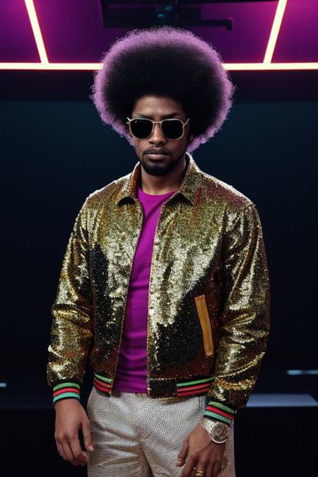 raw photo, upper body, disco, (80s, retro:1.1), dance floor, lasers, rainbow theme, a dancer man, 30 years old, sunglasses, big afro, (manly, wide jaw:1.2), dark skin, sparkly jacket, golden shirt, (vibrant colors:0.9),  (muted colors,cinematic, dim colors, soothing tones:1.3)