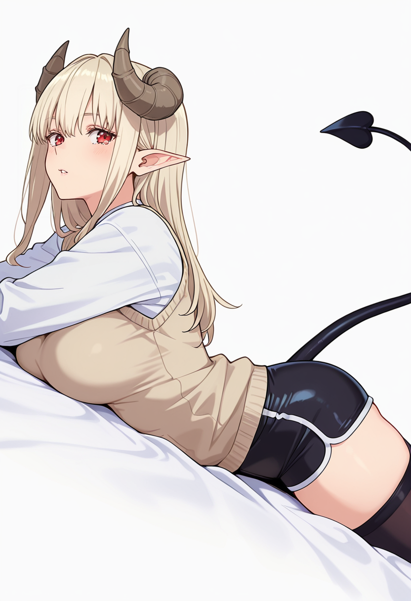 A woman with red eyes, long blonde hair, pointed ears, a pair of large, brown, curved horns, a long, black, spade-tipped tail, and a neutral expression looks over her shoulder at the viewer. She is lying on her stomach on a white surface, propped up with her arms in front of her. She is wearing a long-sleeved white shirt under a tan sweater vest, shiny black athletic shorts with white trim, and black thigh-high stockings. 