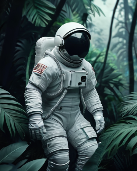 Astronaut in a jungle, cold color palette, muted colors, detailed, 8k