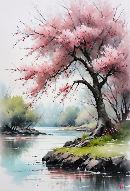 a painting of (Cherry tree in an island), watercolor painting, artstation, concept art, smooth, sharp focus, illustration in the style of artists like Russ Mills, Sakimichan, Wlop, Lois, Art Germ, Darek Zabrocki, and Jean-Baptiste Monge, ultra HD masterpiece, award winning work. Amanda Sage style