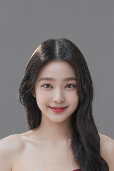 masterpiece, photorealistic:2, top quality, best quality, ((1girl)), (small eyes:1.2), ((bare pectorals)), bare head, looking at viewer, strapless dress, visible dress, (((bare shoulders))), (grey simple background:1.8), ((black hair)), smile, long straight hair:1.2, perfect lighting, <lora:wonyounglorashy:1>