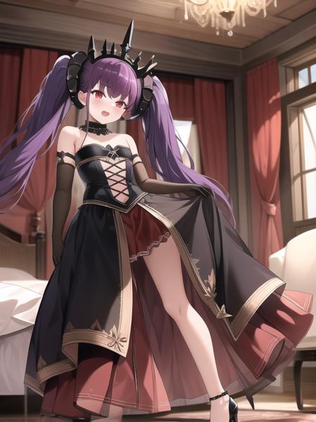 (hyper extreme detailed),(masterpeace),(best quality),(hyper extreme),CG,indoors,bedroom,1girl, <lora:Felix_Schultz:1>Felix_Schultz,purple hair,twintails,tiara,red eyes, black dress,long skirt,elbow gloves,high heels, petite,