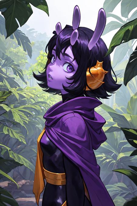 (masterpiece, best quality), outdoors, jungle, upper shot, 1girl, solo, NerriOrisghost, colored skin, purple skin, purple eyes, short hair, <lora:NerriOrisghost_V1-Manityro:1>, parted lips, looking up, looking at viewer, from side, purple cloak, purple top, bodysuit