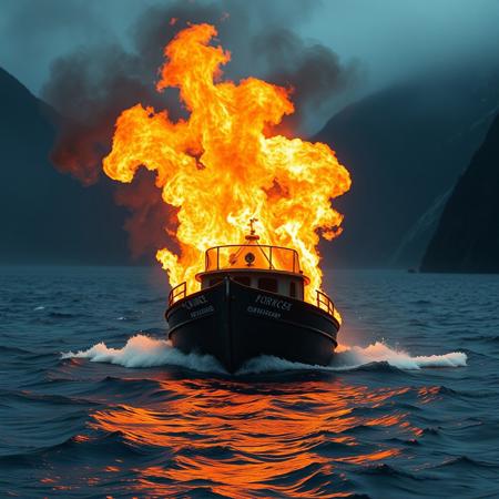 eerie photograph of a small boat engulfed in flames on a stormy fjord in norway, amazing scenery, norwegian nature, ominous, photo, canon, dslr, 4k, metal, sludgecore