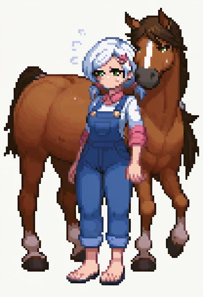 score_9, duo, 1girl and 1horse,human girl and huge feral horse,mom,tall,standing, small breasts,low pigtails, hairclip,(messy hair:0.7), freckles,tanned, green eyes, overalls,confident,trembling, deep blush, looking at you, exhausted,smug,deep blush, sweat, steam, full body, pixel art, 2d, full portrait, simple background, white background