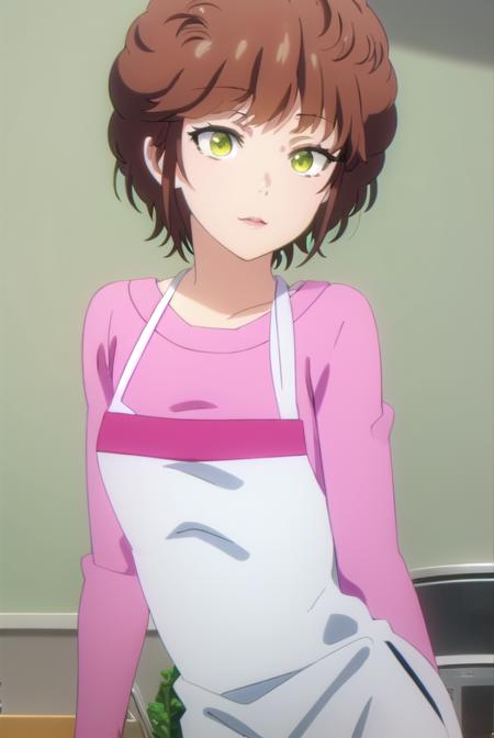 keikikisaragi, <lora:keiki kisaragi s1-lora-nochekaiser:1>,
keiki kisaragi, short hair, brown hair, (green eyes:1.3), smile,
BREAK shirt, apron, pink shirt,
BREAK indoors, kitchen,
BREAK looking at viewer, (cowboy shot:1.5),
BREAK <lyco:GoodHands-beta2:1>, (masterpiece:1.2), best quality, high resolution, unity 8k wallpaper, (illustration:0.8), (beautiful detailed eyes:1.6), extremely detailed face, perfect lighting, extremely detailed CG, (perfect hands, perfect anatomy),