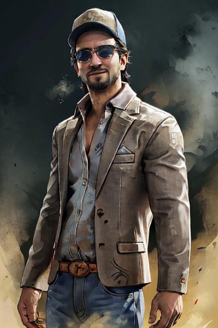 1boy,  solo,  Ace Visconti,  Dead By Dayligh,  Argentinian of Italian descent,  gambler,  grey-streaked hair,  facial hair,  sunglasses,  cap,  damask print shirt,  classic jacket,  jeans,  mature, manly,  masculine,  handsome,  charming,  alluring,  smirk,  (standing),  (upper body in frame),  dark background,  fog,  dark atmosphere,  perfect light,  perfect anatomy,  perfect proportions,  8k,  HQ,  (best quality:1.2,  masterpiece:1.2,  madly detailed),  perfect face,  front view,  portrait,<lora:EMS-269078-EMS:0.800000>