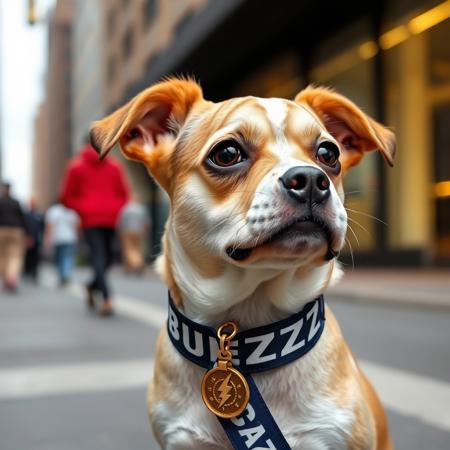 cute dog on street with BUZZ written on collar ribbon, lightning bolt symbol on a gold medallion attached to collar, looking at viewer, city background