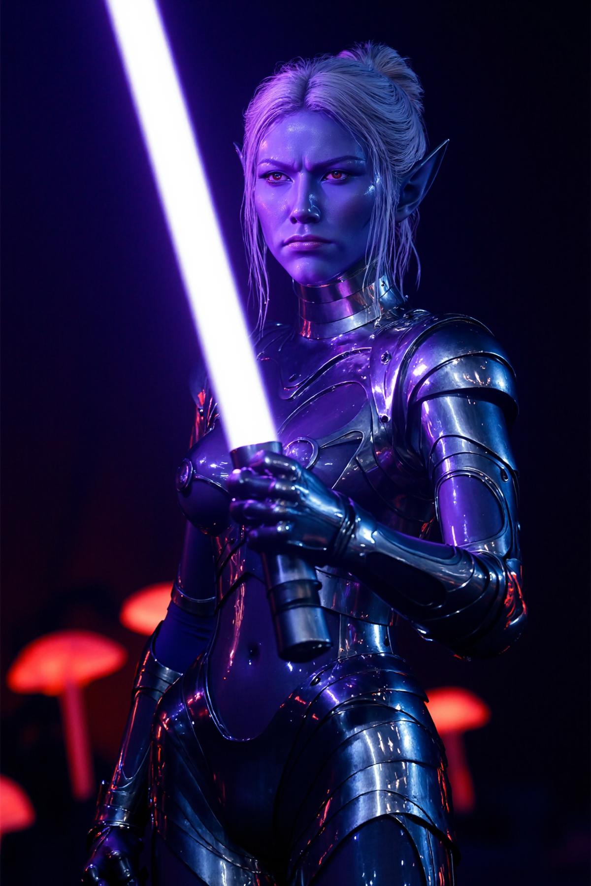 A full body shot shot of amintharabg3 standing upright, gazing directly at the viewer with a neutral yet enigmatic expression. She wears metalSuit, has white hair. She wields a glowing purple lightsaber which she holds at eye level in a battle ready stance. Set in a dark dump deep cave with glowing mushrooms.