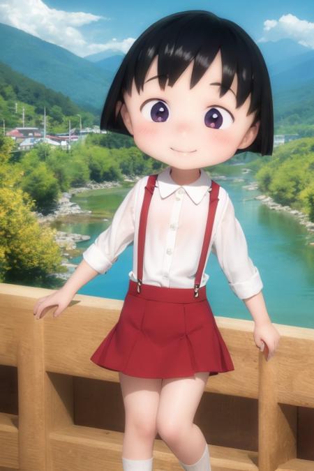 chibi, cbmrk, suspenders, black hair, short hair, red skirt, white shirt, smile, mountain, river <lora:chibi_maruko-000003:1>