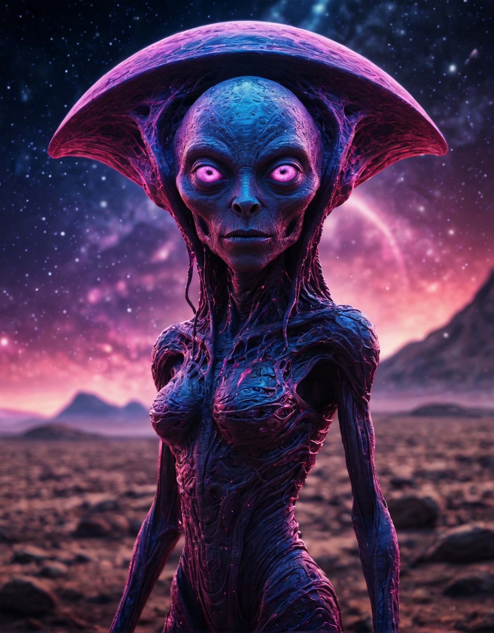 breathtaking  epic artwork of an enigmatic alien from an unknown habitable planet. Vivid colors and intricate details surr...